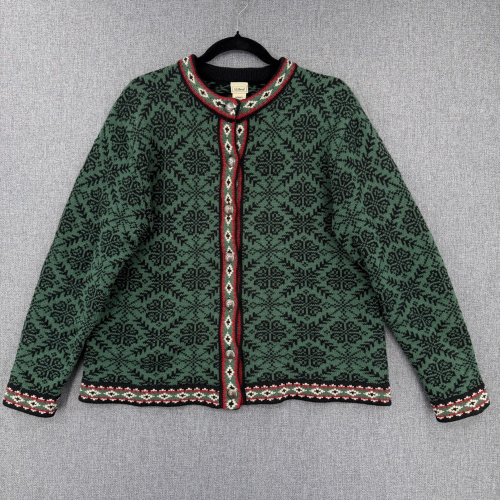 L.L.Bean Vintage Fair Isle Wool Cardigan Sweater Womens Large Green Black Nordic